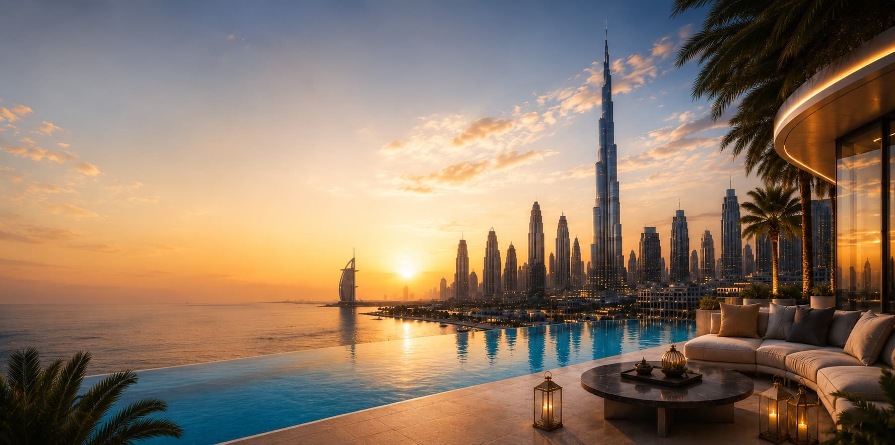 The Dubai skyline at golden hour